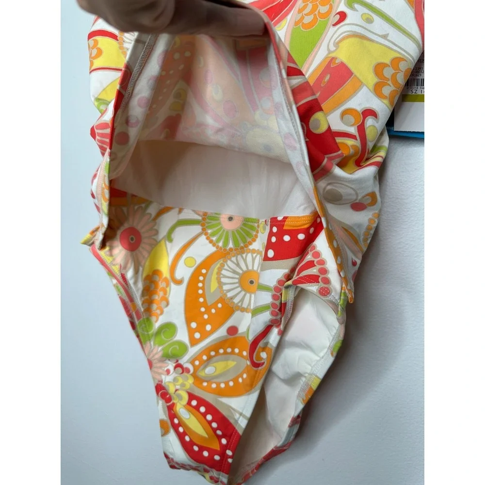 Jantzen One Piece‎ Swimsuit Size 14 Floral Artsy Red White Boho